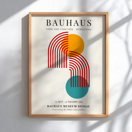 Bauhaus poster featuring geometric shapes in vibrant colors, modern design art for wall decor