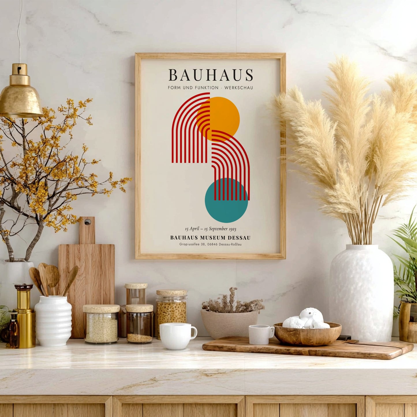 Bauhaus poster featuring geometric shapes in vibrant colors, modern design art for wall decor
