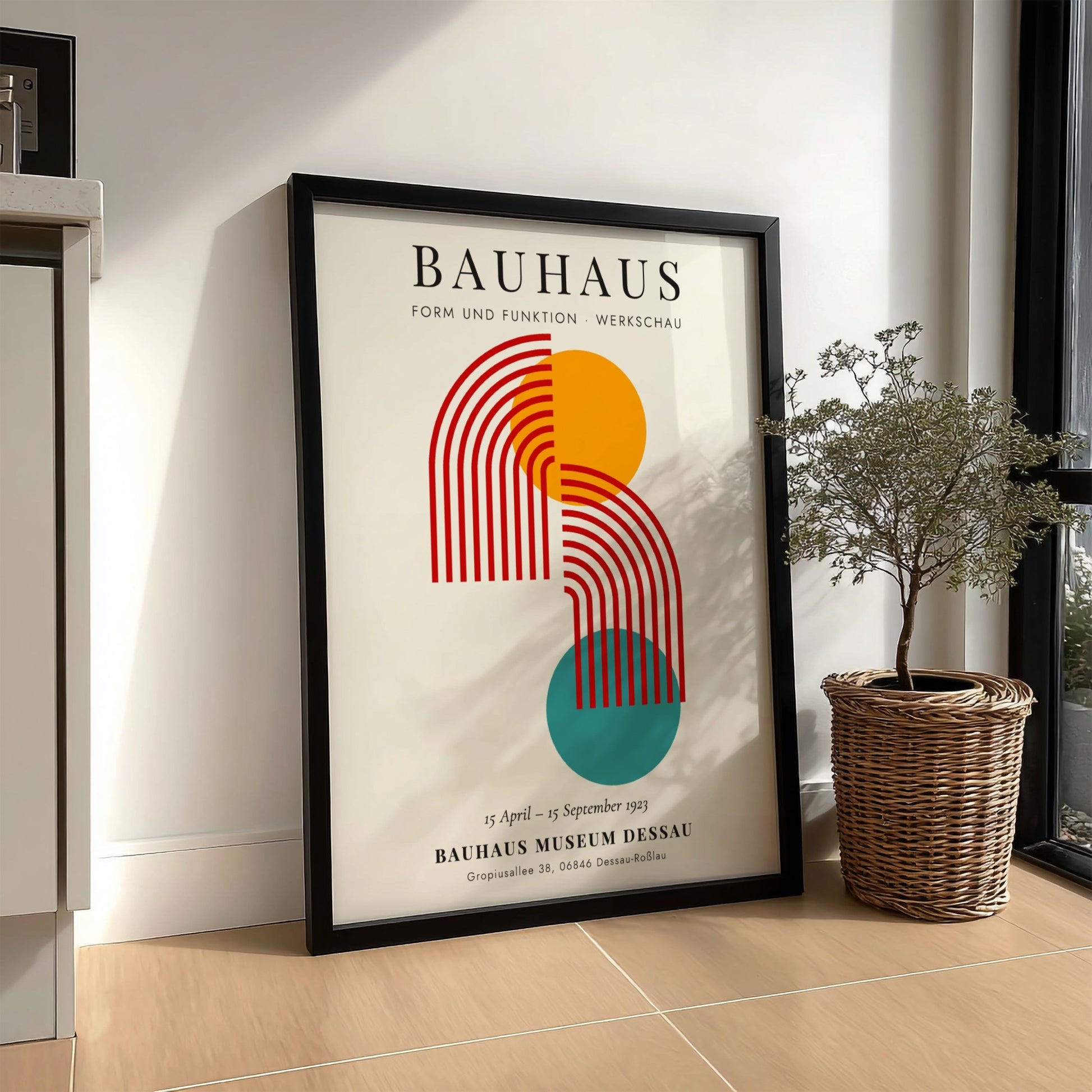 Bauhaus poster featuring geometric shapes in vibrant colors, modern design art for wall decor