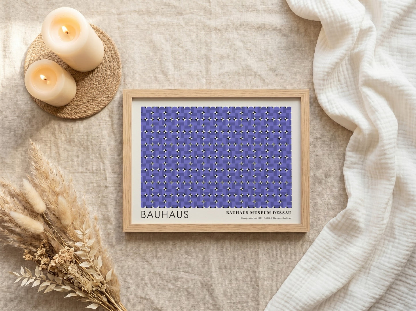 Wall art poster featuring a geometric Bauhaus pattern in violet with museum text.