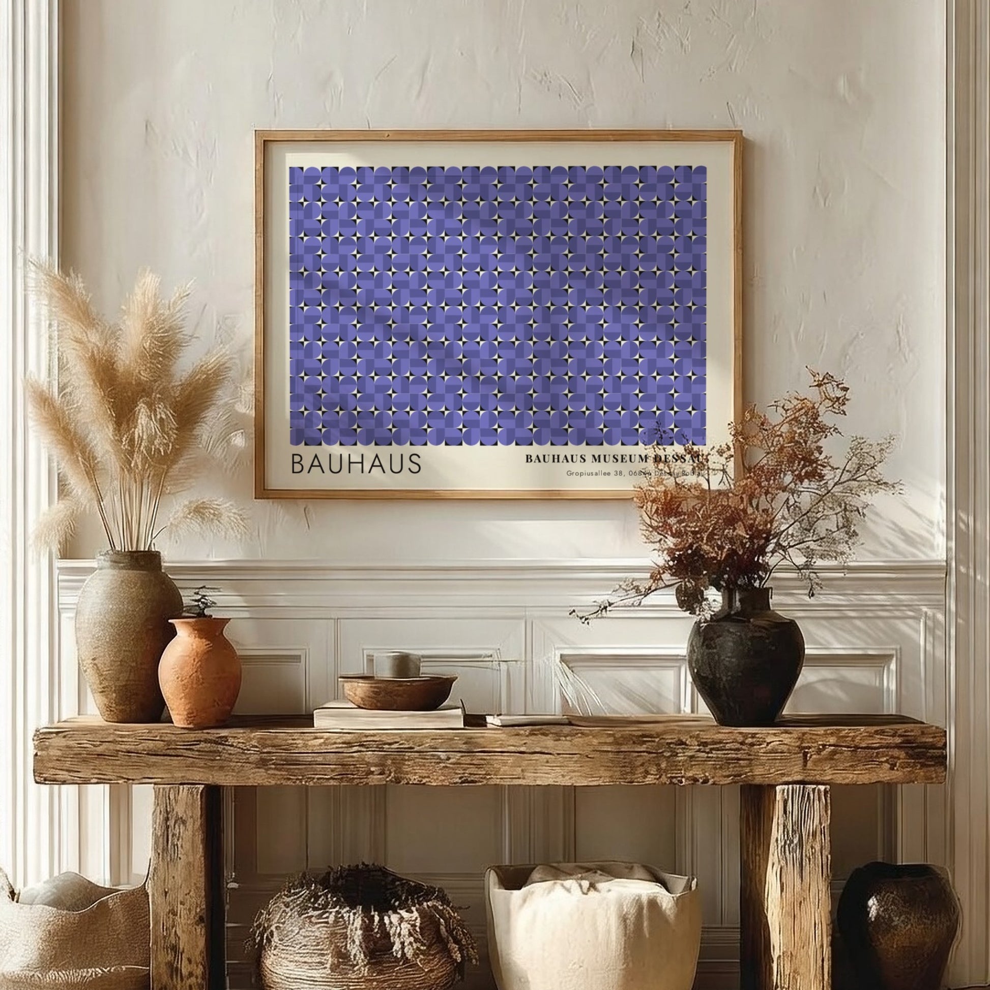 Wall art poster featuring a geometric Bauhaus pattern in violet with museum text.