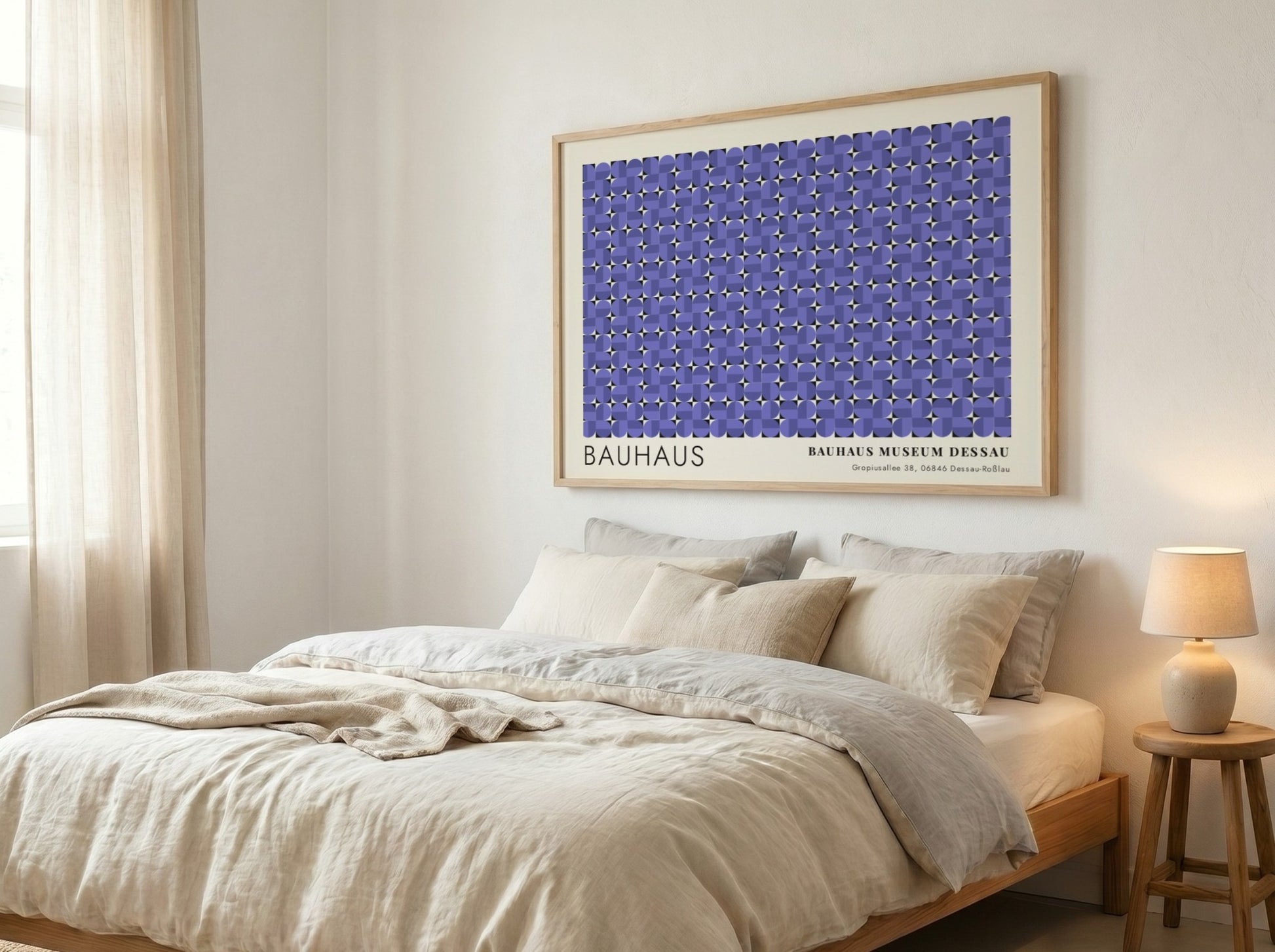 Wall art poster featuring a geometric Bauhaus pattern in violet with museum text.