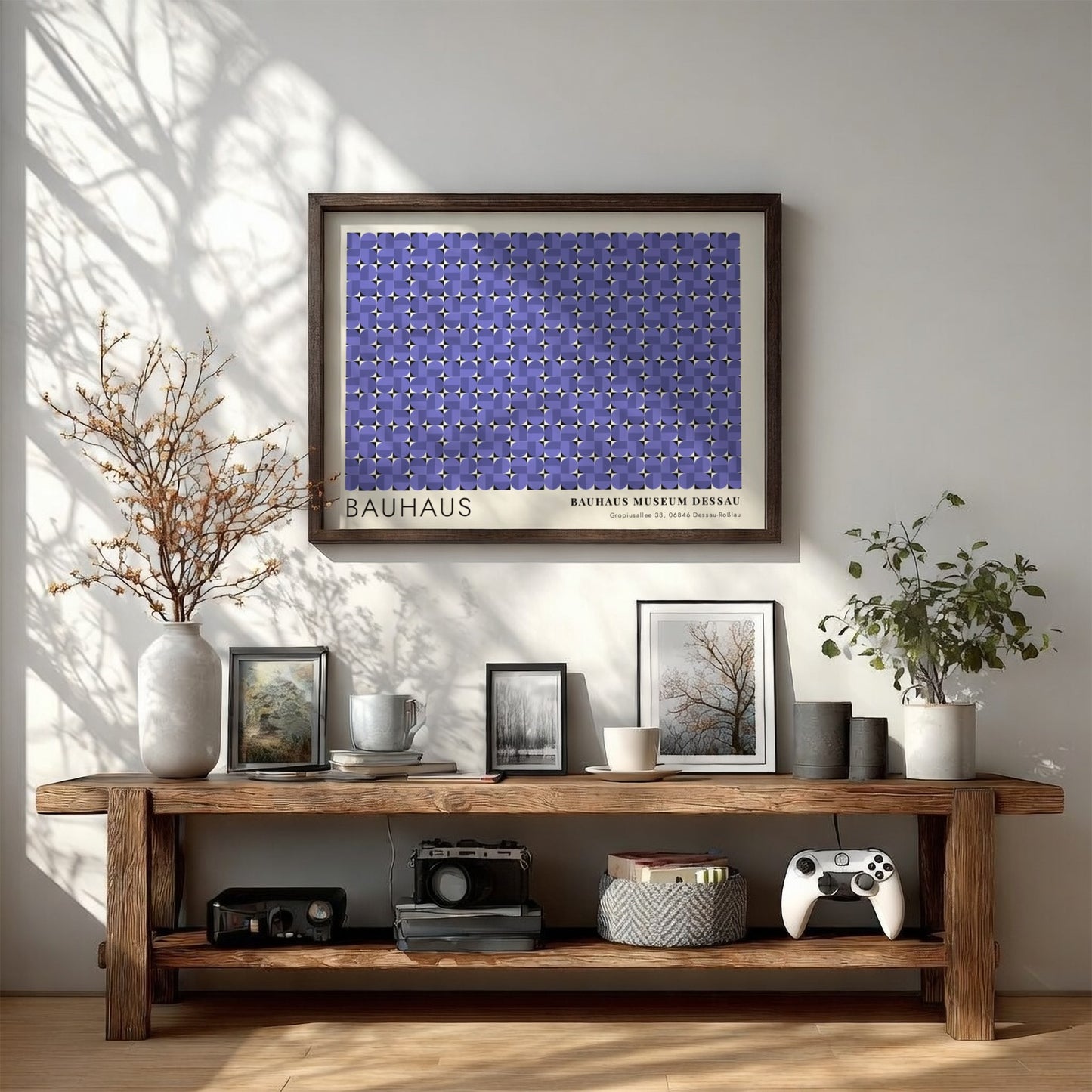 Wall art poster featuring a geometric Bauhaus pattern in violet with museum text.