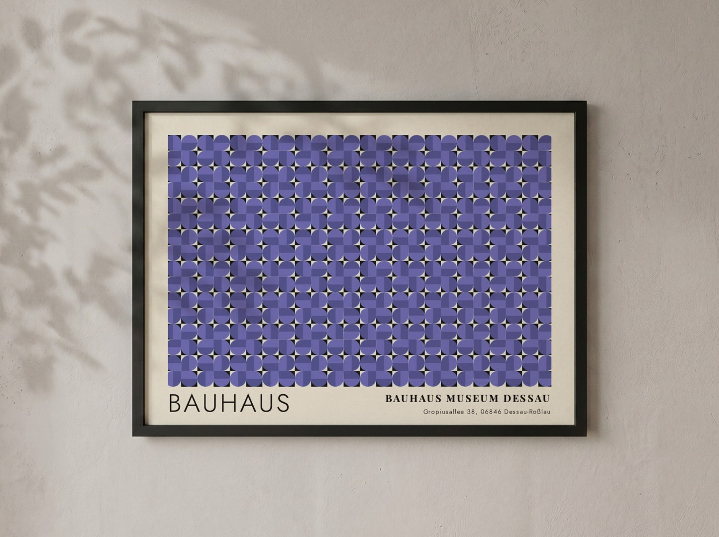 Wall art poster featuring a geometric Bauhaus pattern in violet with museum text.