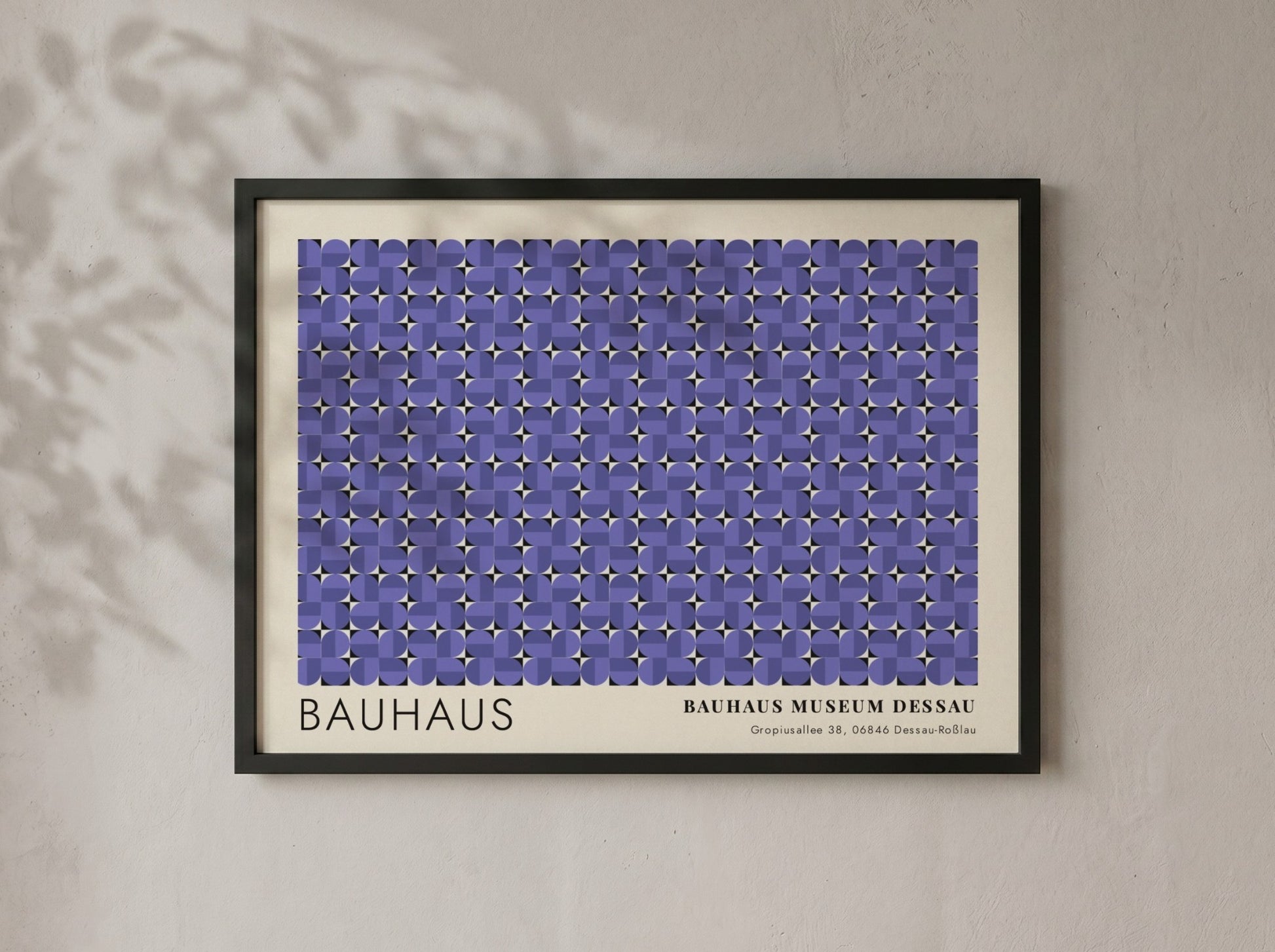 Wall art poster featuring a geometric Bauhaus pattern in violet with museum text.