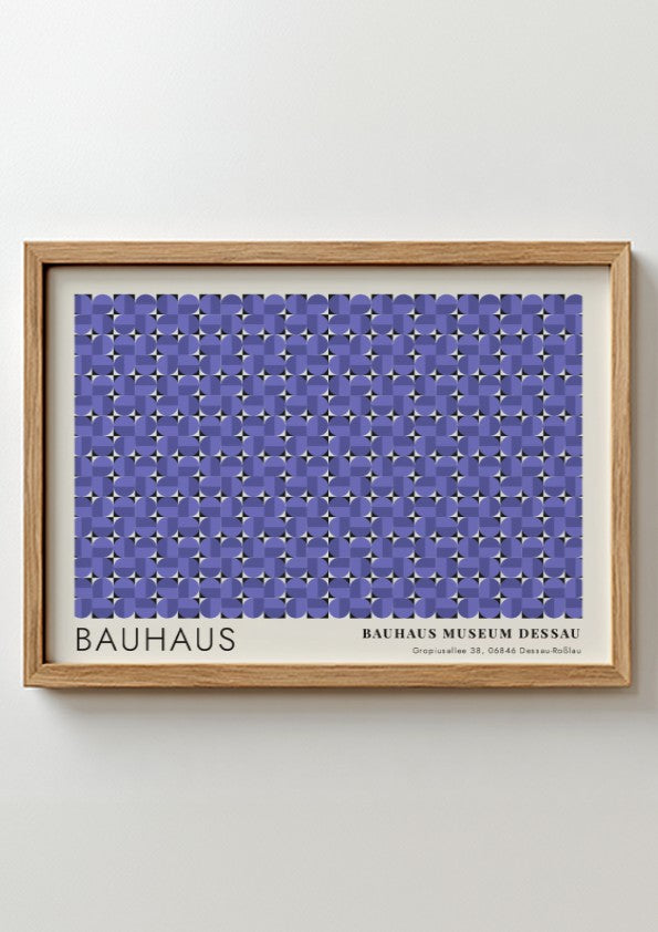 Wall art poster featuring a geometric Bauhaus pattern in violet with museum text.