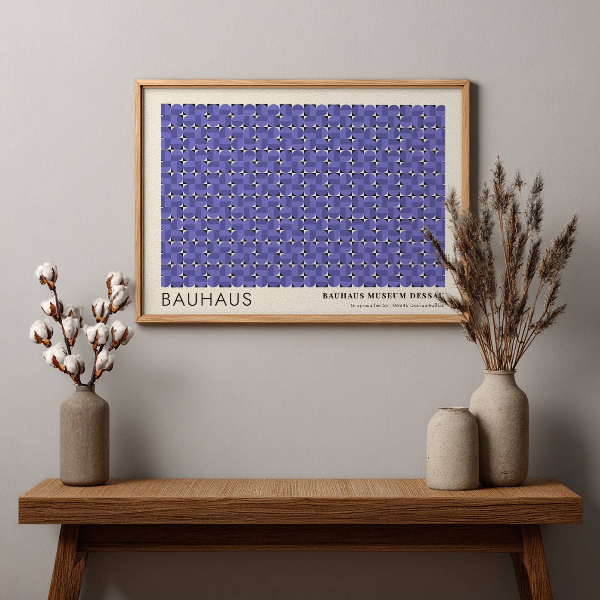 Wall art poster featuring a geometric Bauhaus pattern in violet with museum text.