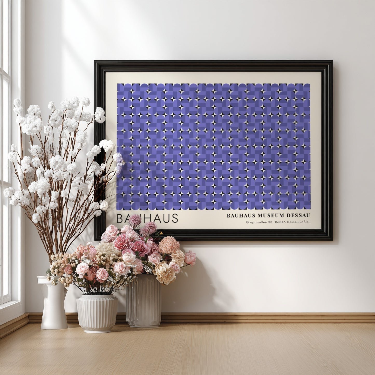 Wall art poster featuring a geometric Bauhaus pattern in violet with museum text.
