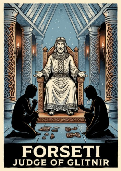 Poster of Forseti Judge of Glitnir sitting on a throne with two kneeling figures