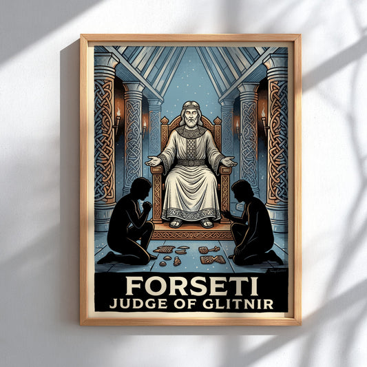 Poster of Forseti Judge of Glitnir sitting on a throne with two kneeling figures