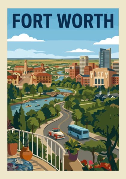 Retro Fort Worth skyline poster with river, trees, and city buildings in a warm color palette.