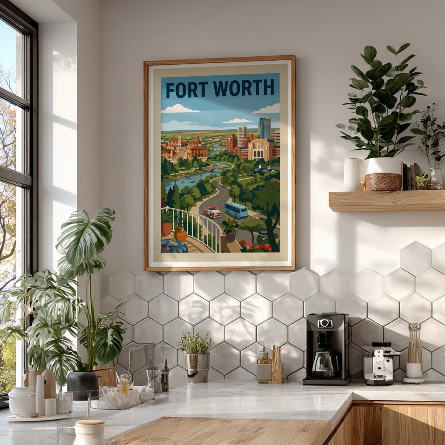 Retro Fort Worth skyline poster with river, trees, and city buildings in a warm color palette.