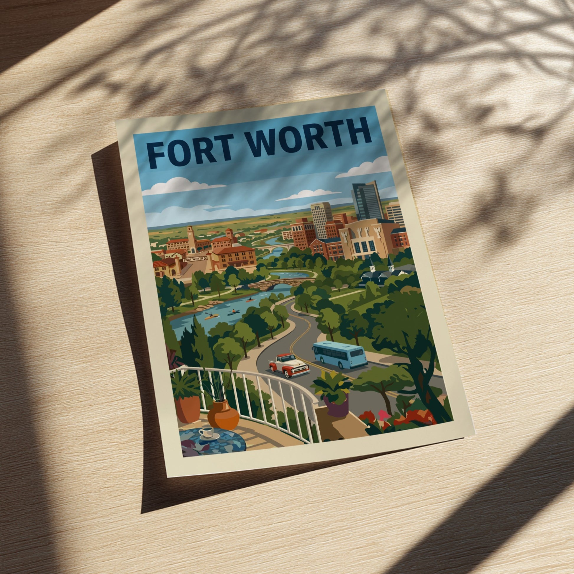 Retro Fort Worth skyline poster with river, trees, and city buildings in a warm color palette.