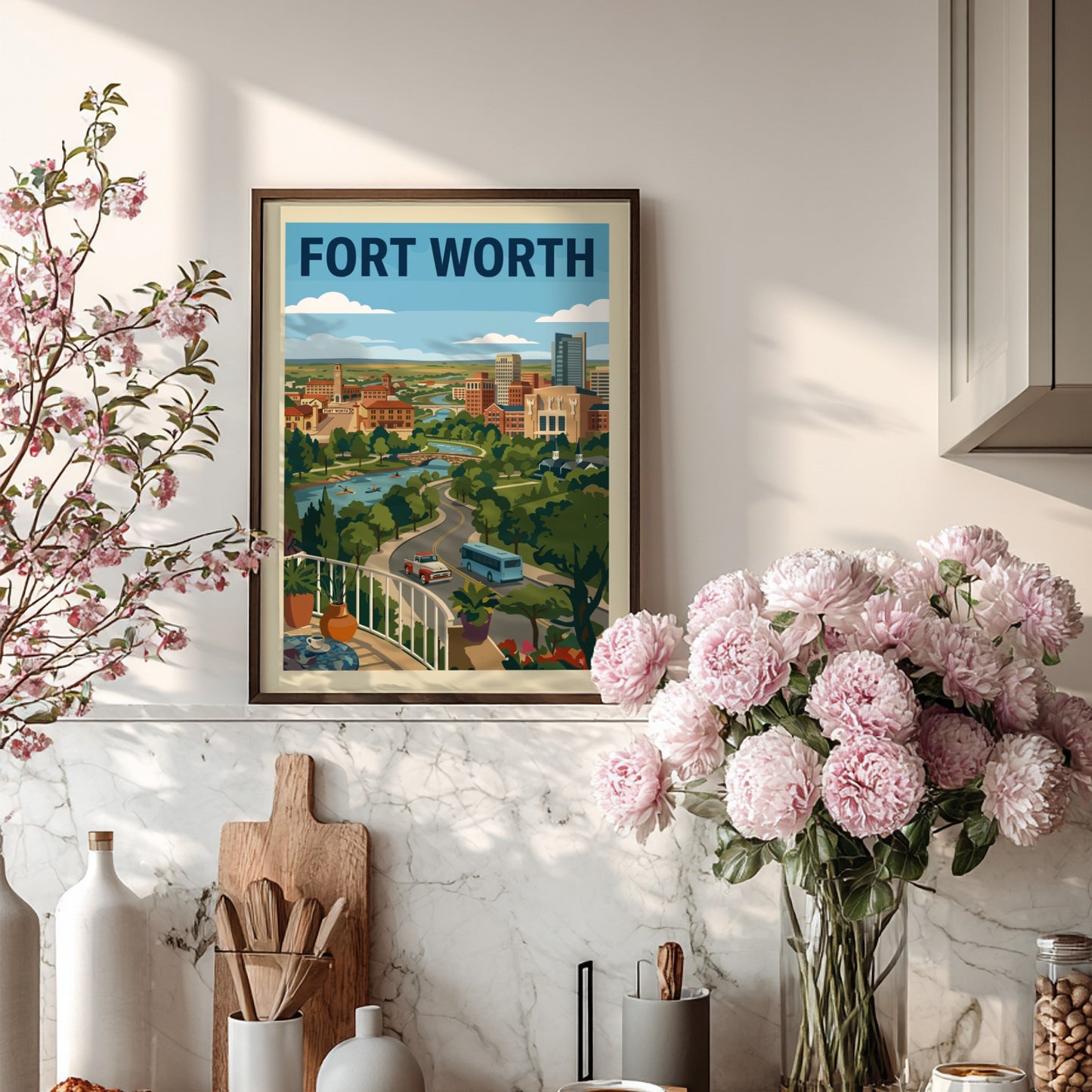 Retro Fort Worth skyline poster with river, trees, and city buildings in a warm color palette.