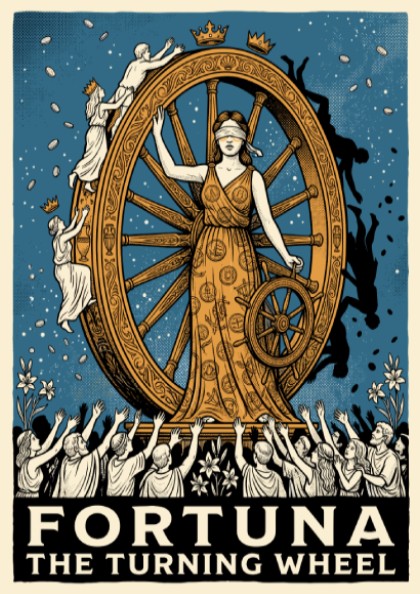 Poster of Fortuna the goddess blindfolded beside a large spinning golden wheel of fate.