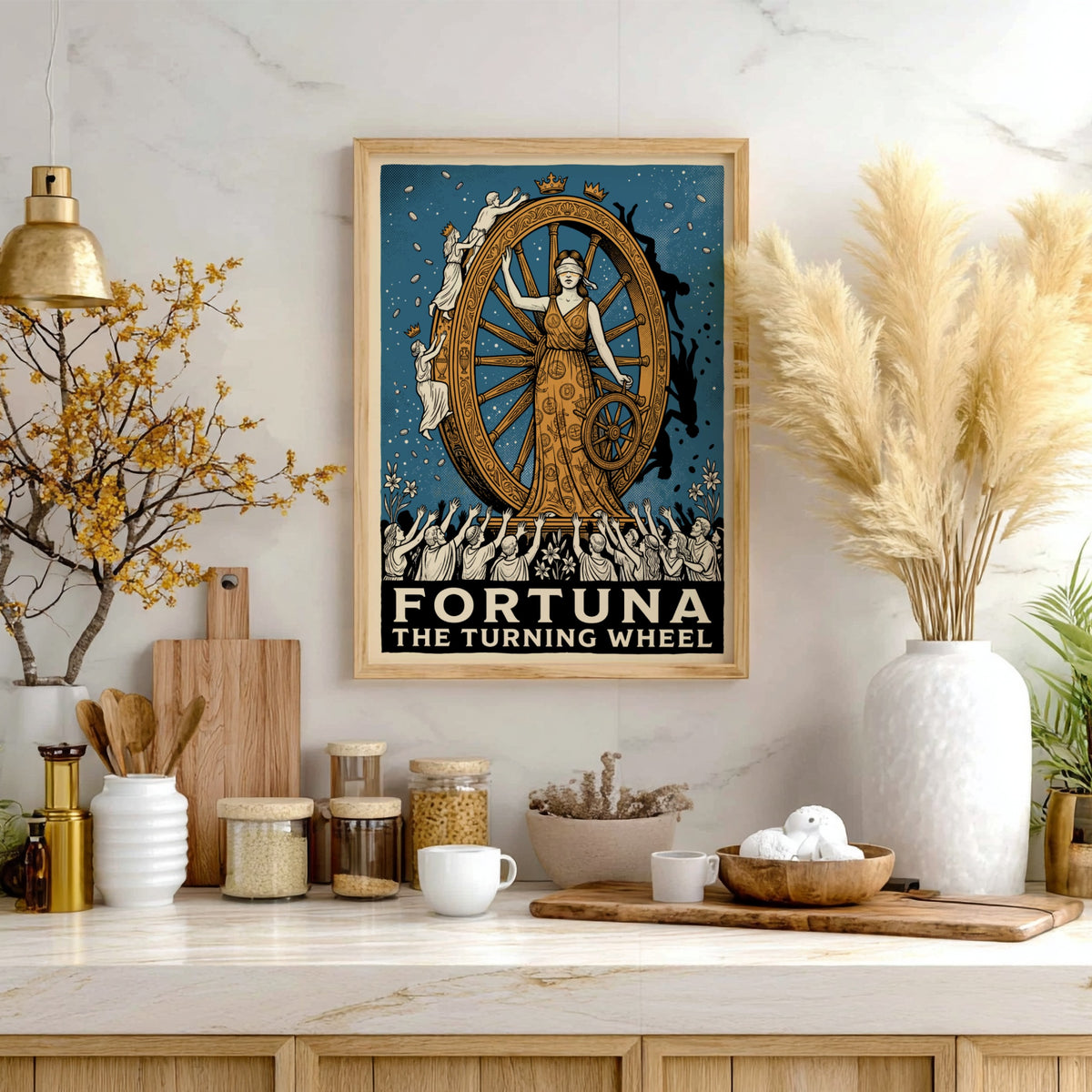 Poster of Fortuna the goddess blindfolded beside a large spinning golden wheel of fate.