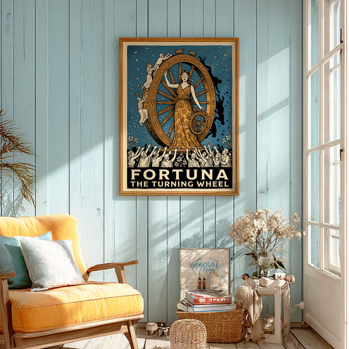 Poster of Fortuna the goddess blindfolded beside a large spinning golden wheel of fate.
