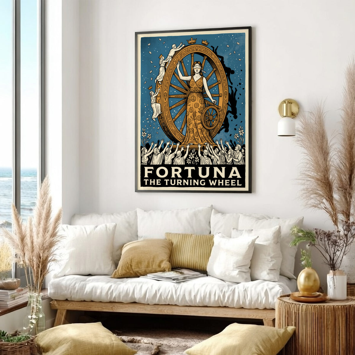 Poster of Fortuna the goddess blindfolded beside a large spinning golden wheel of fate.
