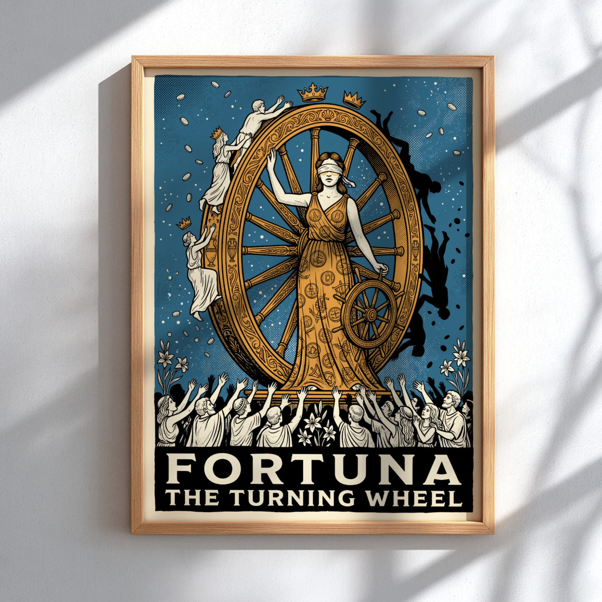 Poster of Fortuna the goddess blindfolded beside a large spinning golden wheel of fate.