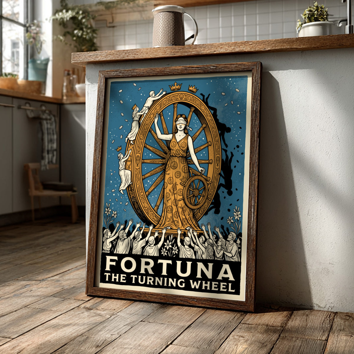 Poster of Fortuna the goddess blindfolded beside a large spinning golden wheel of fate.
