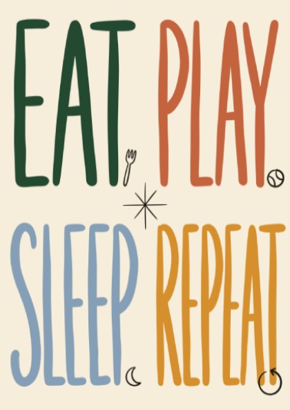Kids room poster featuring 'Eat Play Sleep' in playful colors and typography, perfect for nursery decor.