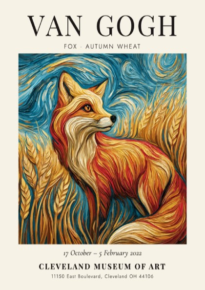 Fox autumn wheat poster featuring warm colors and Van Gogh style