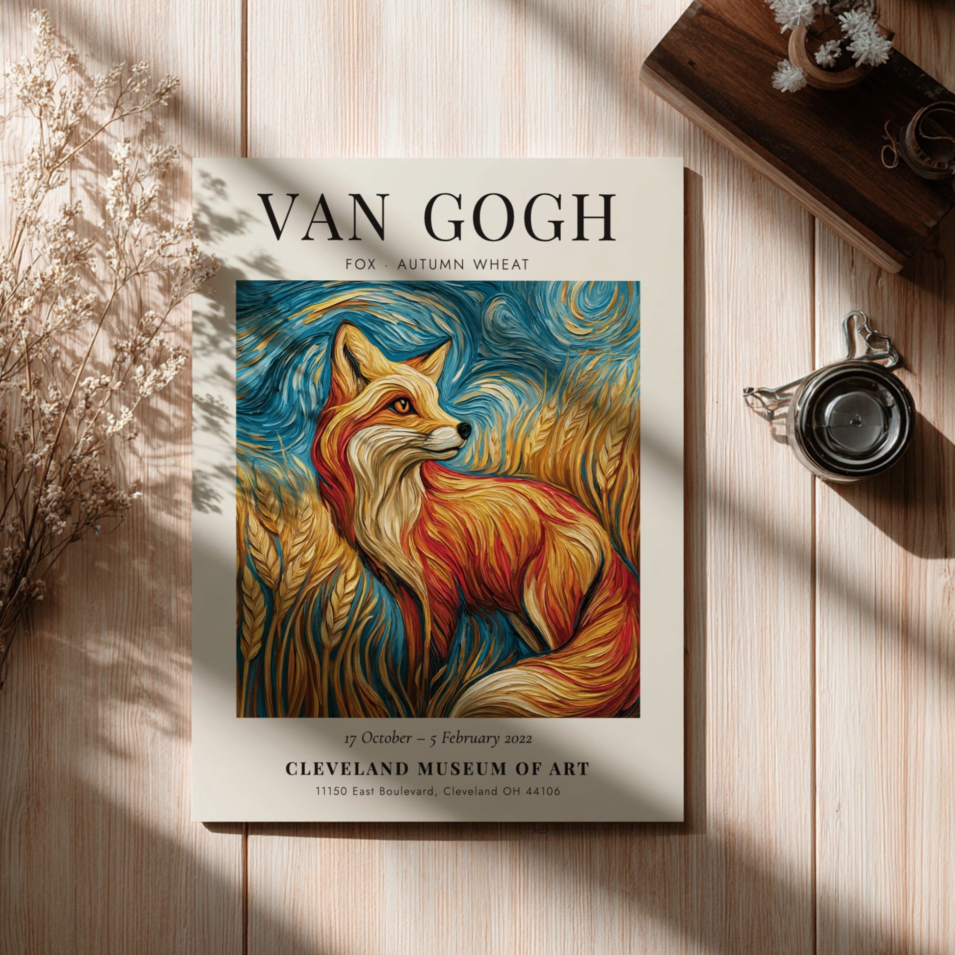 Fox autumn wheat poster featuring warm colors and Van Gogh style