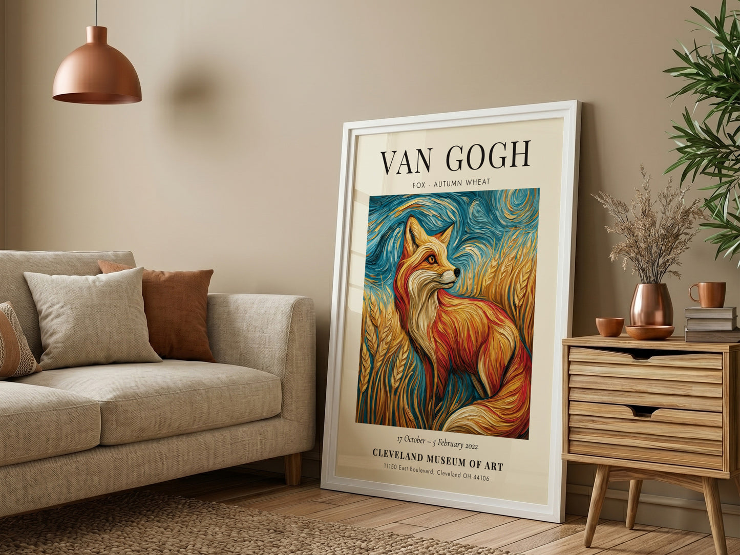 Fox autumn wheat poster featuring warm colors and Van Gogh style