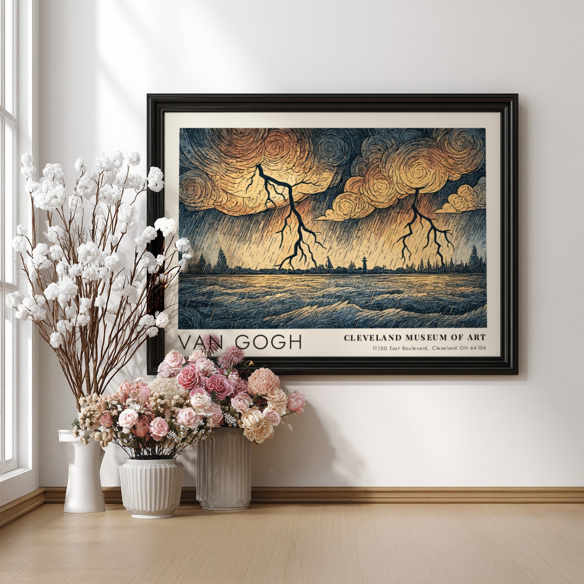 Van Gogh poster featuring a landscape with lightning and swirling clouds in earthy tones