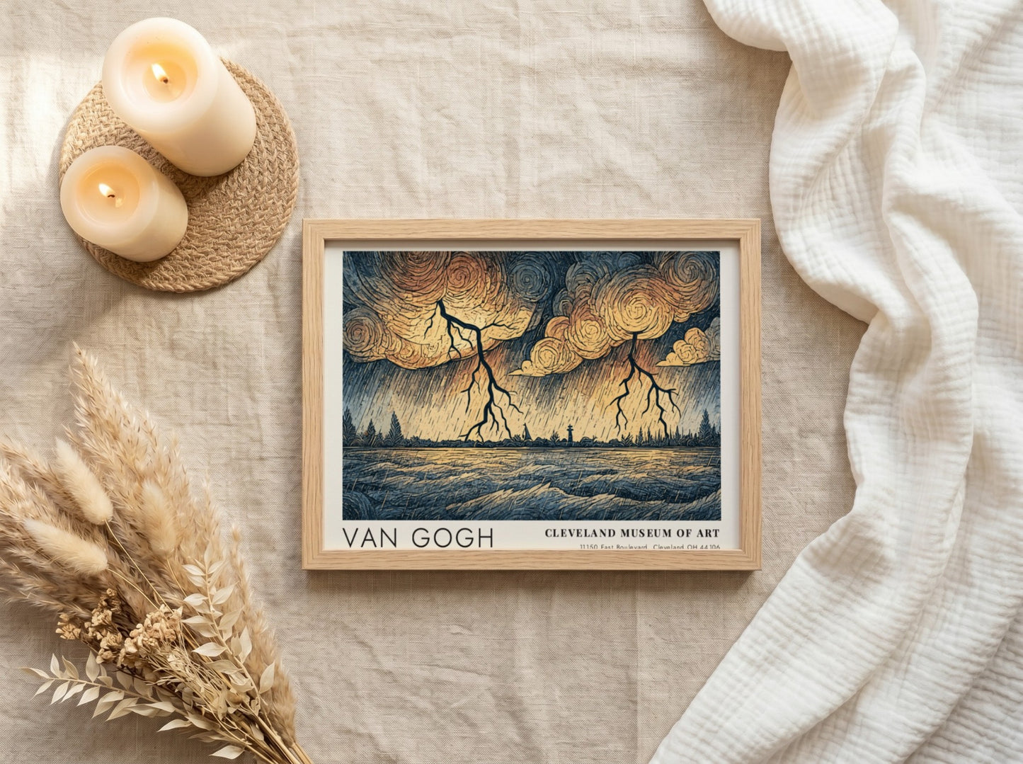 Van Gogh poster featuring a landscape with lightning and swirling clouds in earthy tones
