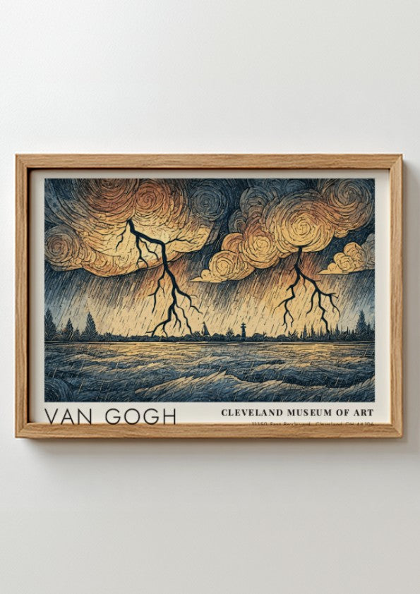 Van Gogh poster featuring a landscape with lightning and swirling clouds in earthy tones