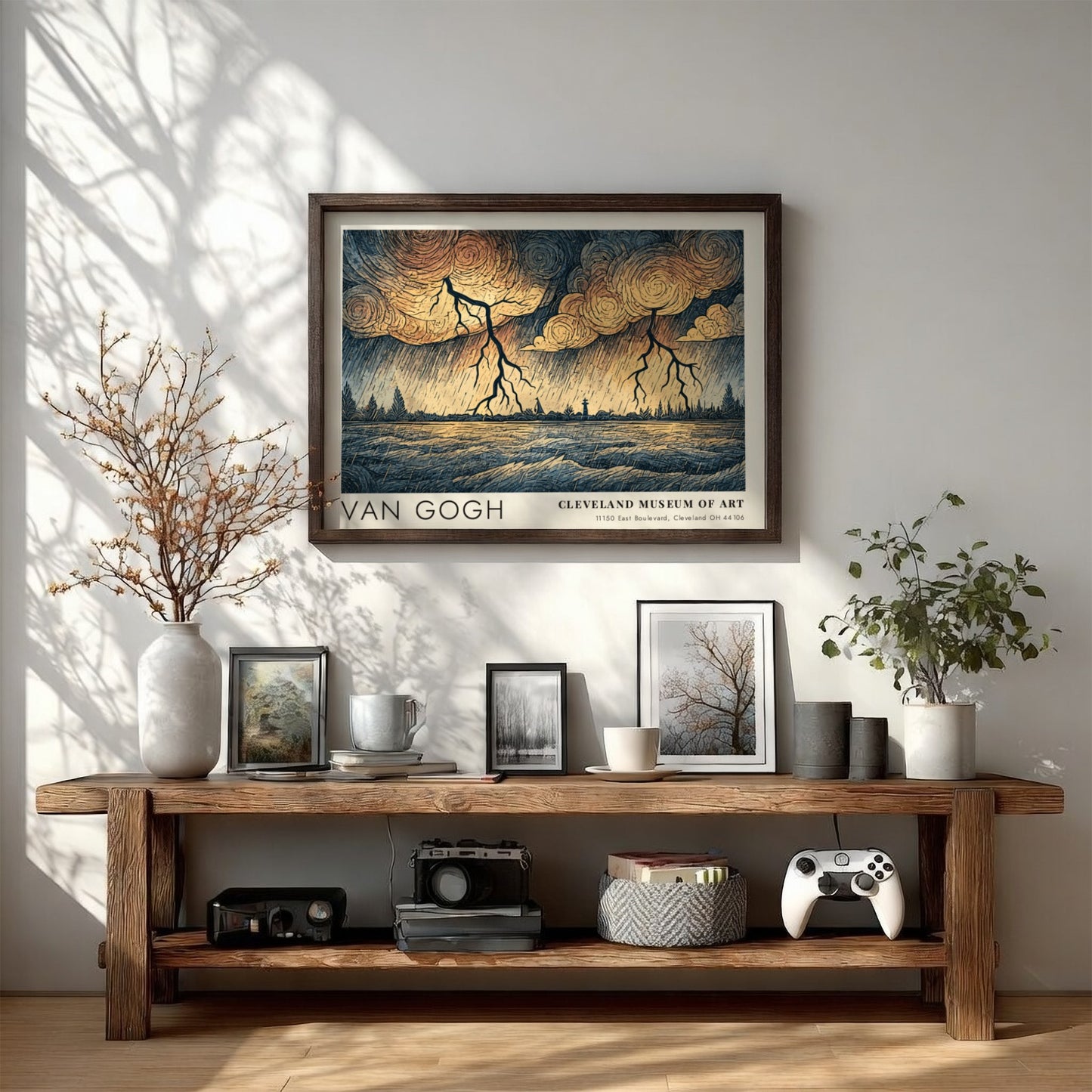 Van Gogh poster featuring a landscape with lightning and swirling clouds in earthy tones