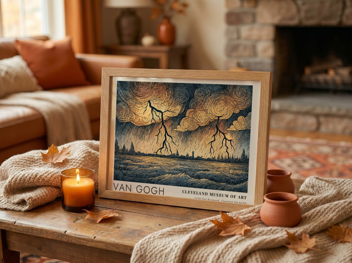 Van Gogh poster featuring a landscape with lightning and swirling clouds in earthy tones