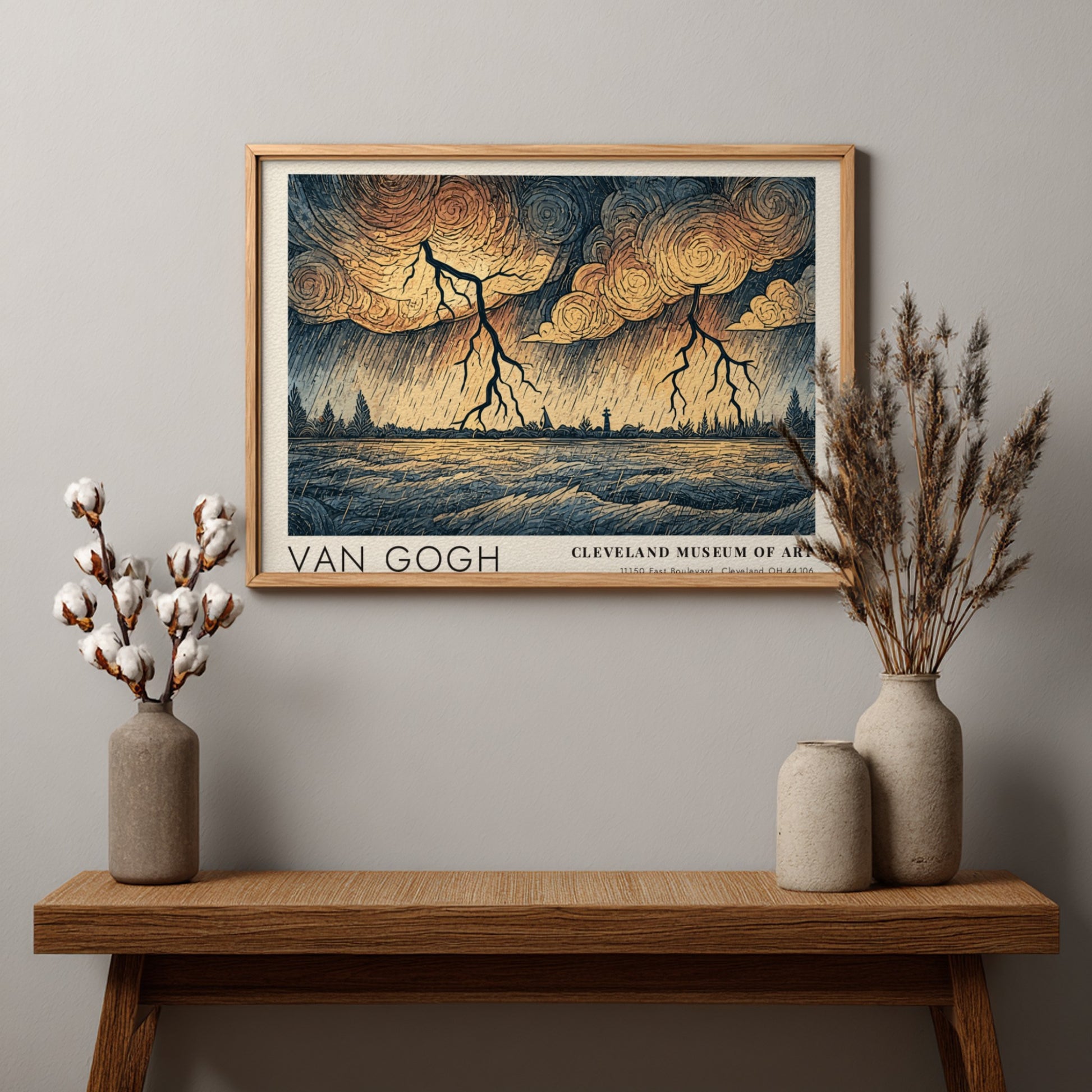 Van Gogh poster featuring a landscape with lightning and swirling clouds in earthy tones