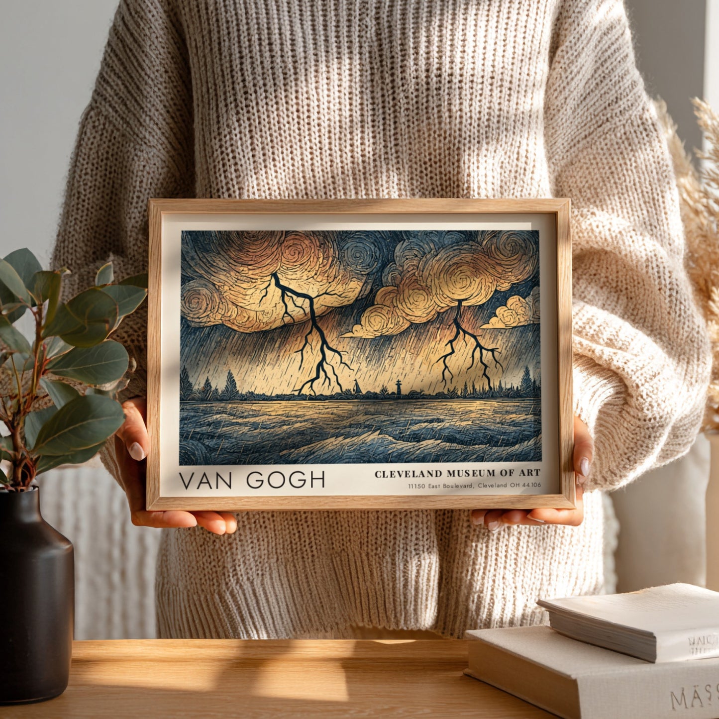 Van Gogh poster featuring a landscape with lightning and swirling clouds in earthy tones