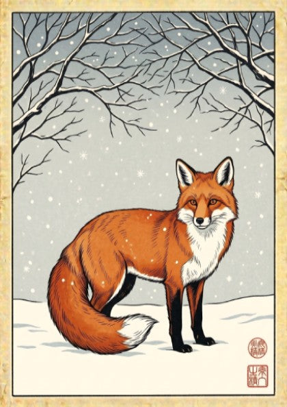 Japanese art style poster featuring a fox in a winter landscape with snow