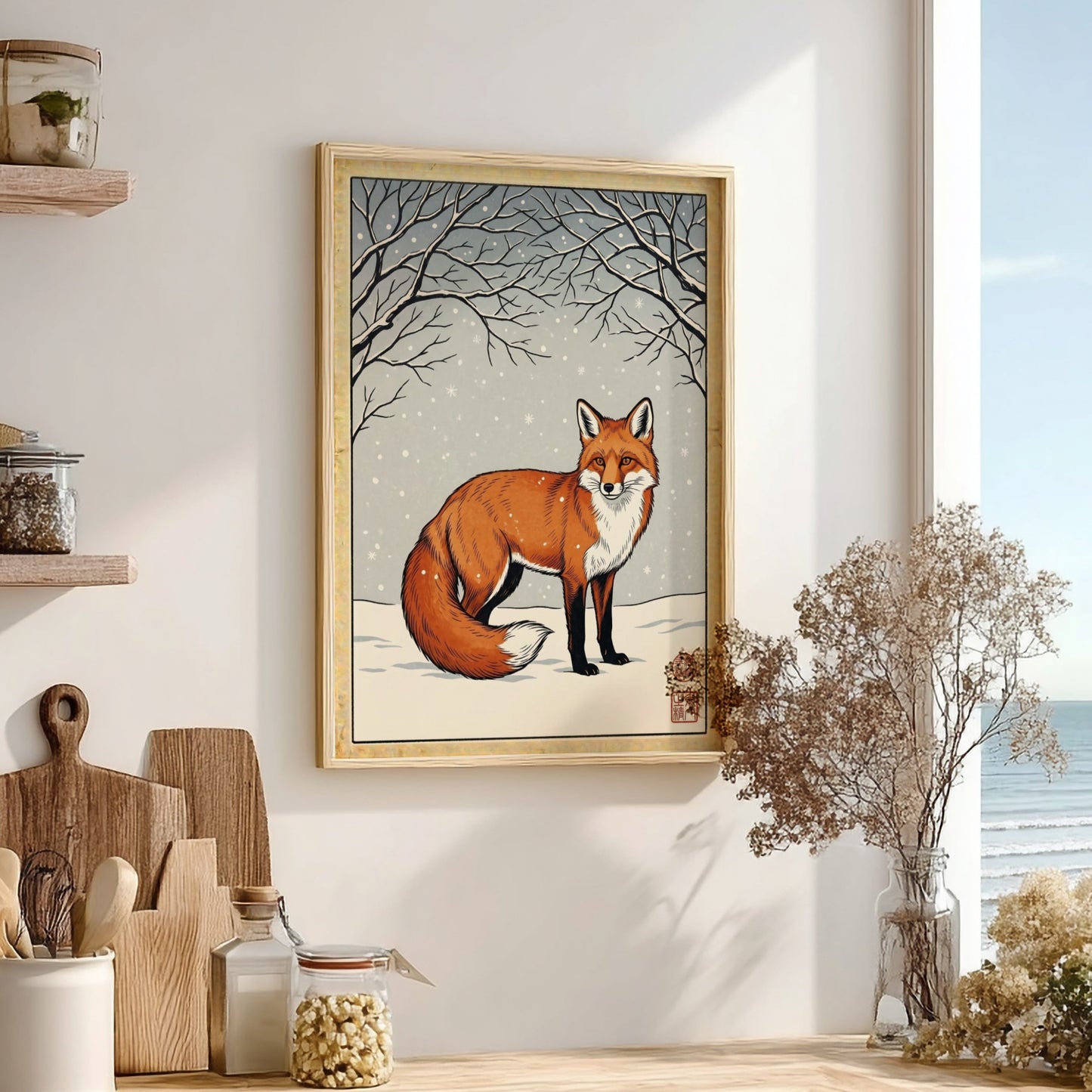 Japanese art style poster featuring a fox in a winter landscape with snow