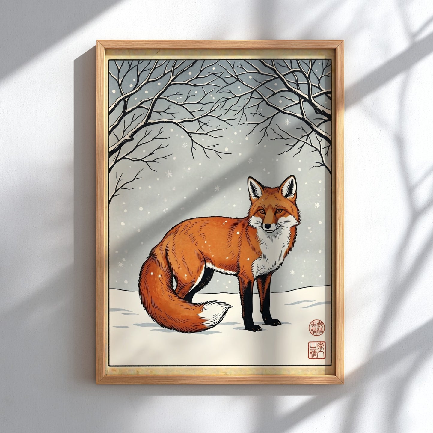Japanese art style poster featuring a fox in a winter landscape with snow
