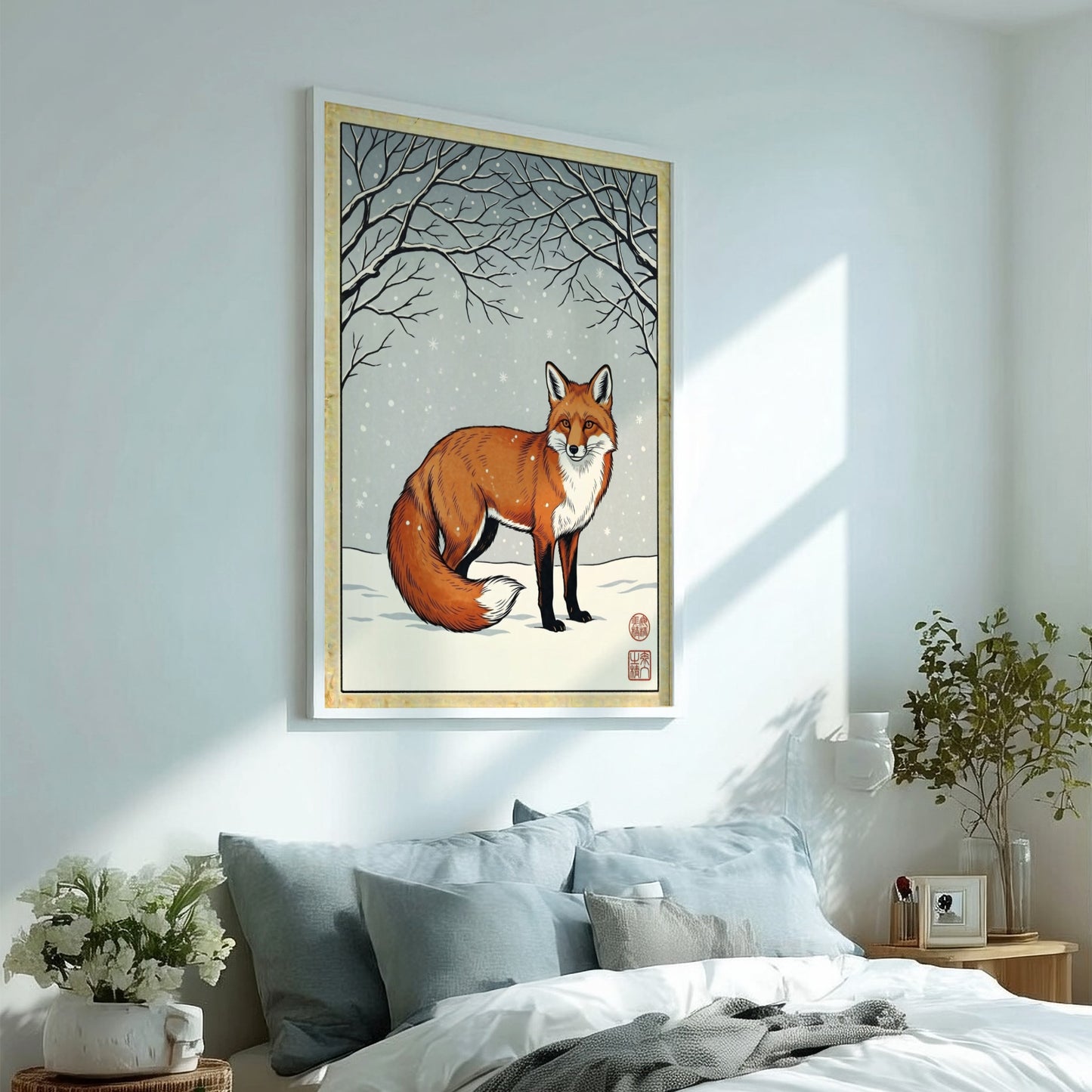 Japanese art style poster featuring a fox in a winter landscape with snow