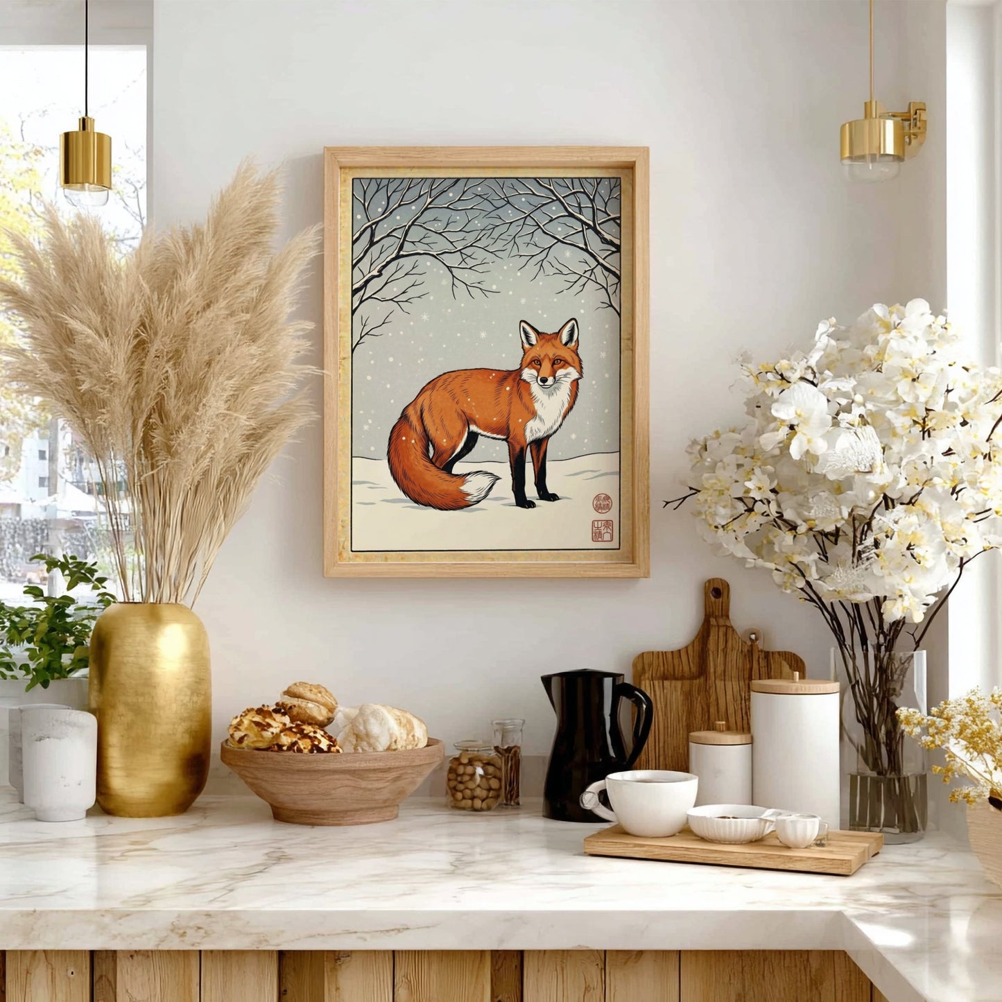 Japanese art style poster featuring a fox in a winter landscape with snow