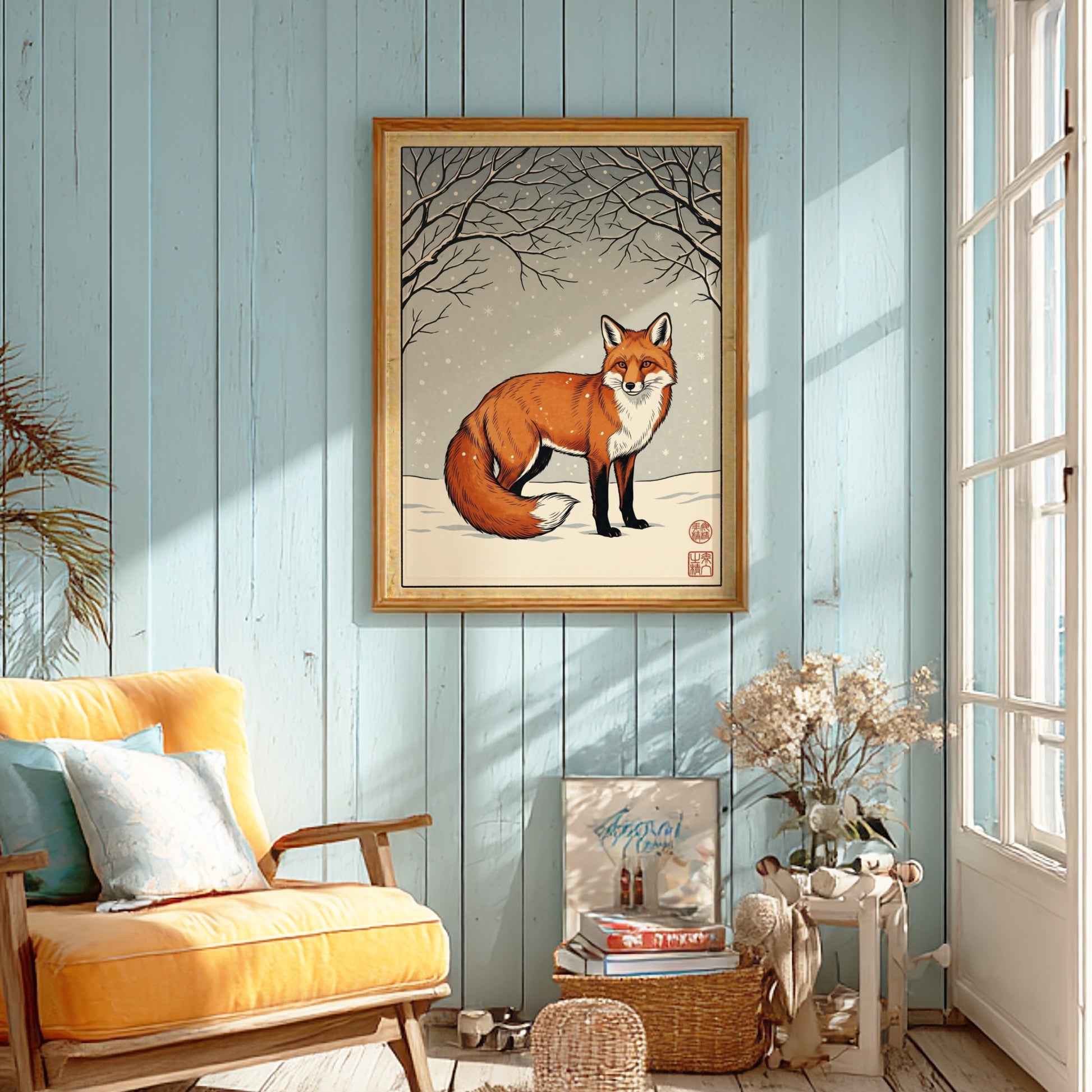 Japanese art style poster featuring a fox in a winter landscape with snow