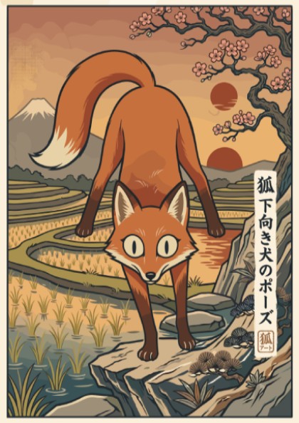 Poster featuring a red fox in downward dog pose with Japanese landscape background