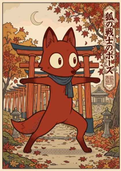 Poster of a fox in a warrior yoga pose before a Japanese shrine