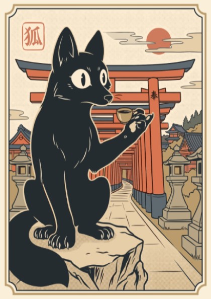 Poster featuring a black fox holding a teacup before traditional Japanese torii gates.