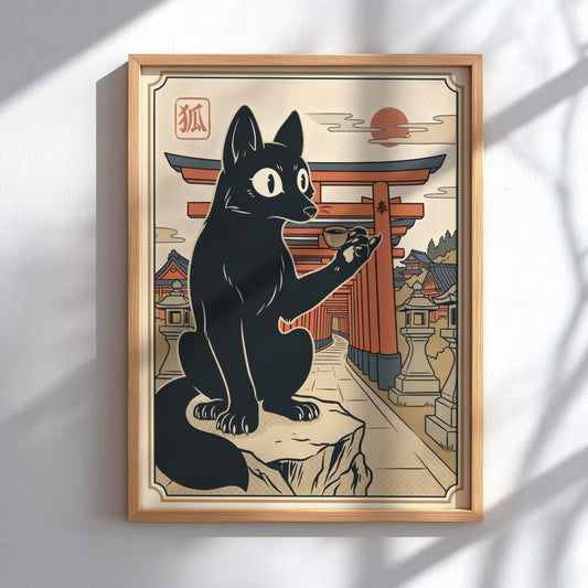 Poster featuring a black fox holding a teacup before traditional Japanese torii gates.