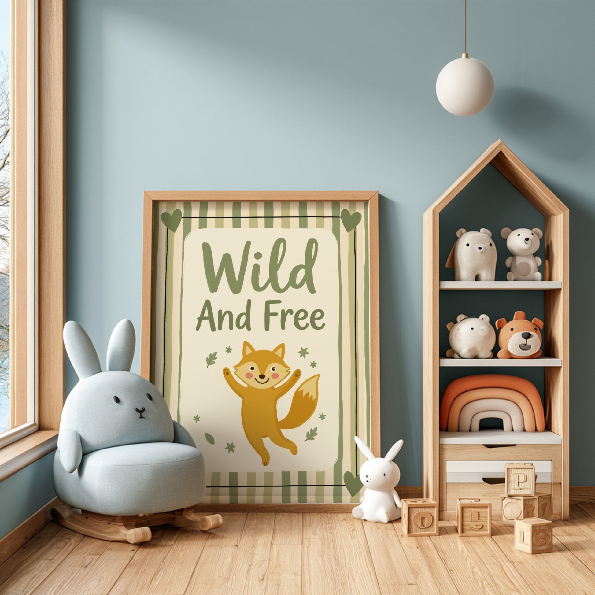 Kids room poster featuring a playful fox in warm colors, perfect for nursery decor.