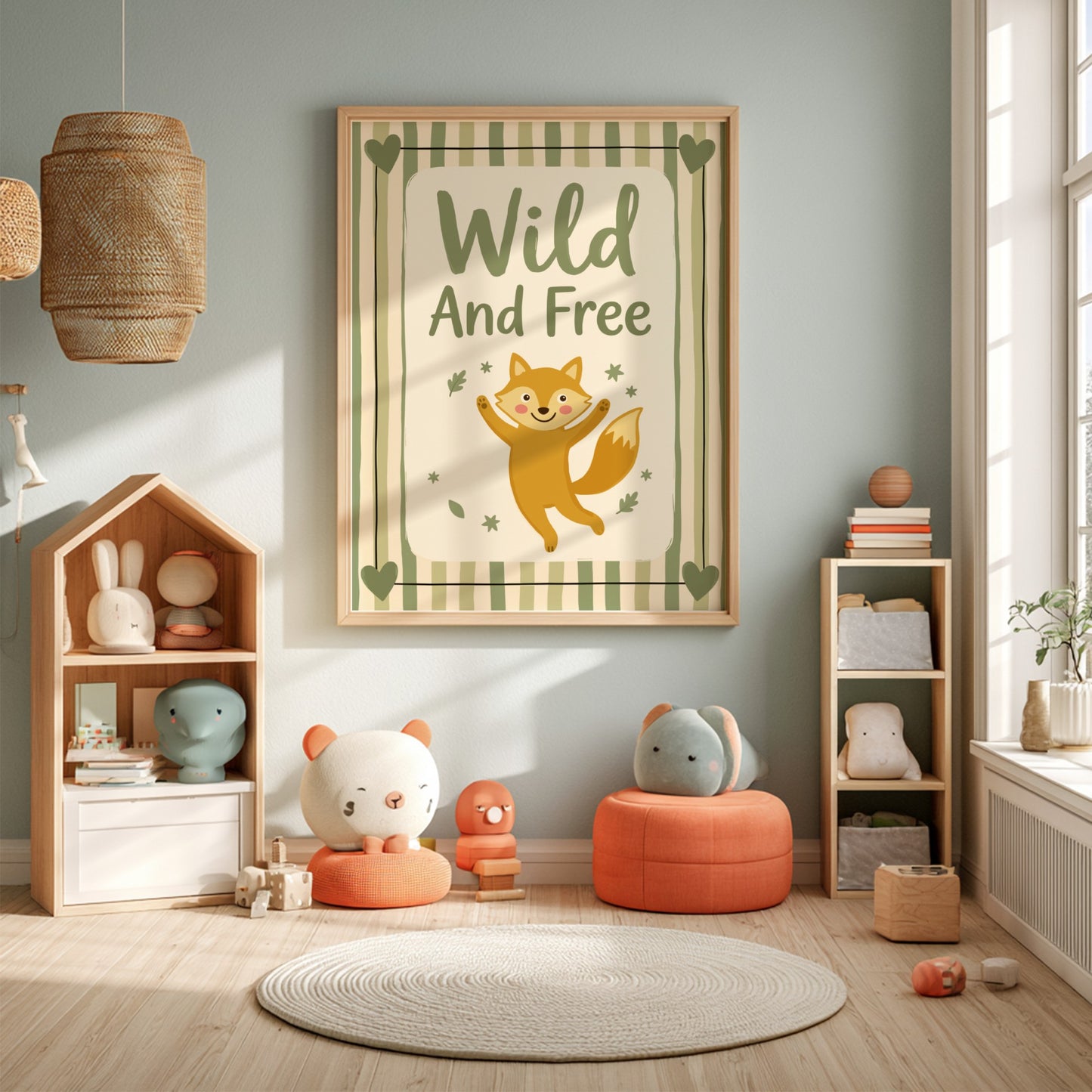 Kids room poster featuring a playful fox in warm colors, perfect for nursery decor.