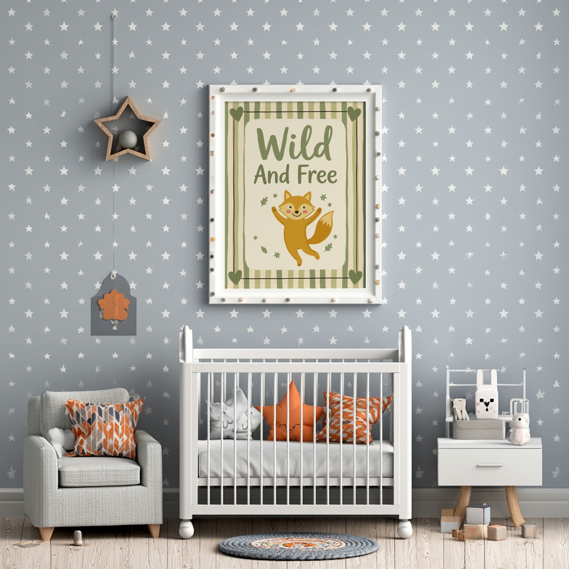 Kids room poster featuring a playful fox in warm colors, perfect for nursery decor.