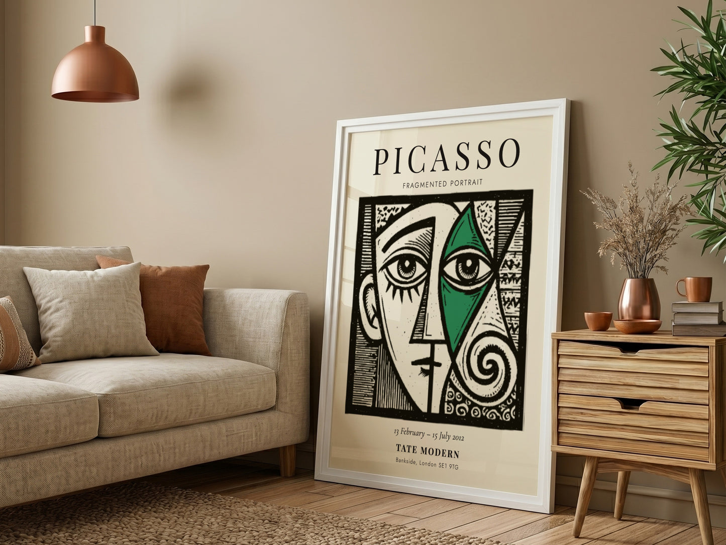 Fragmented portrait poster inspired by Picasso featuring geometric shapes and vibrant colors