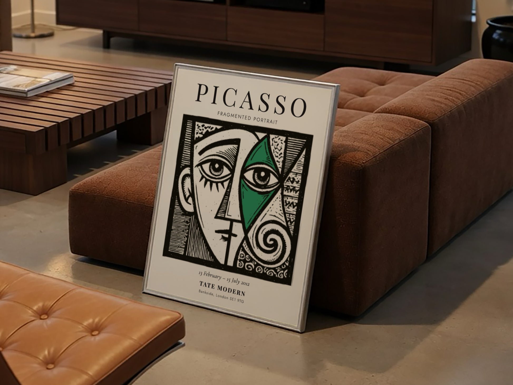 Fragmented portrait poster inspired by Picasso featuring geometric shapes and vibrant colors
